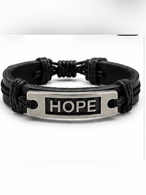 Unisex Black Leather 'HOPE' Bracelet with Silver Plate